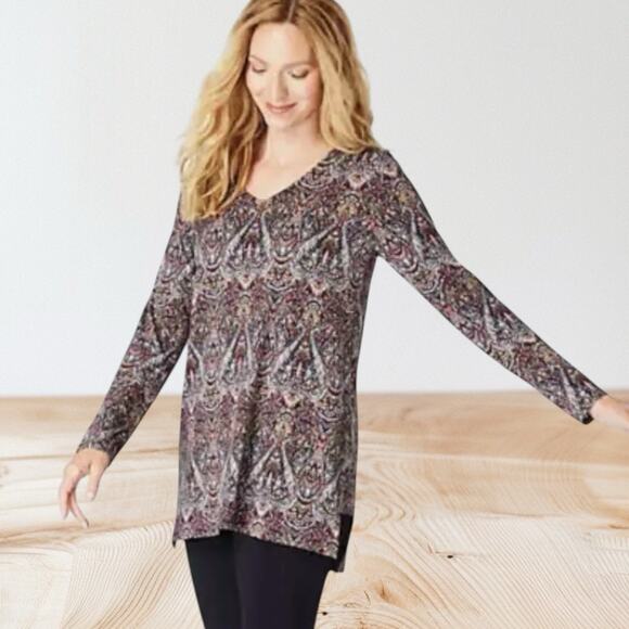 J. Jill Paisley Tunic Top Blouse Sz Large Cotton Modal Knit V Neck Long Sleeves - Picture 1 of 14